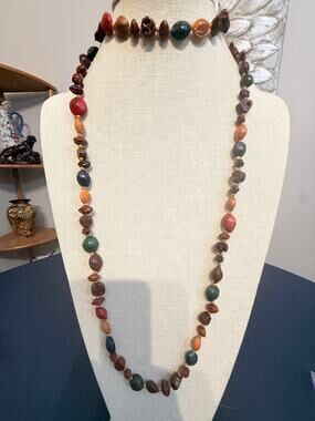 Vintage 46” Painted Wood Bead Necklace Claspless